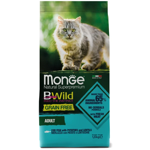 Monge BWild GRAIN FREE сухой для взрослых кошек, из трески 1,5 кг фото, цены, купить