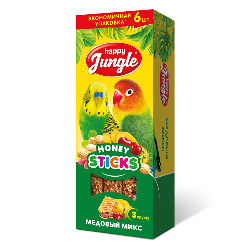 Колба Happy Jungle для птиц Мёдовый микс 6 палочек 180г  фото, цены, купить