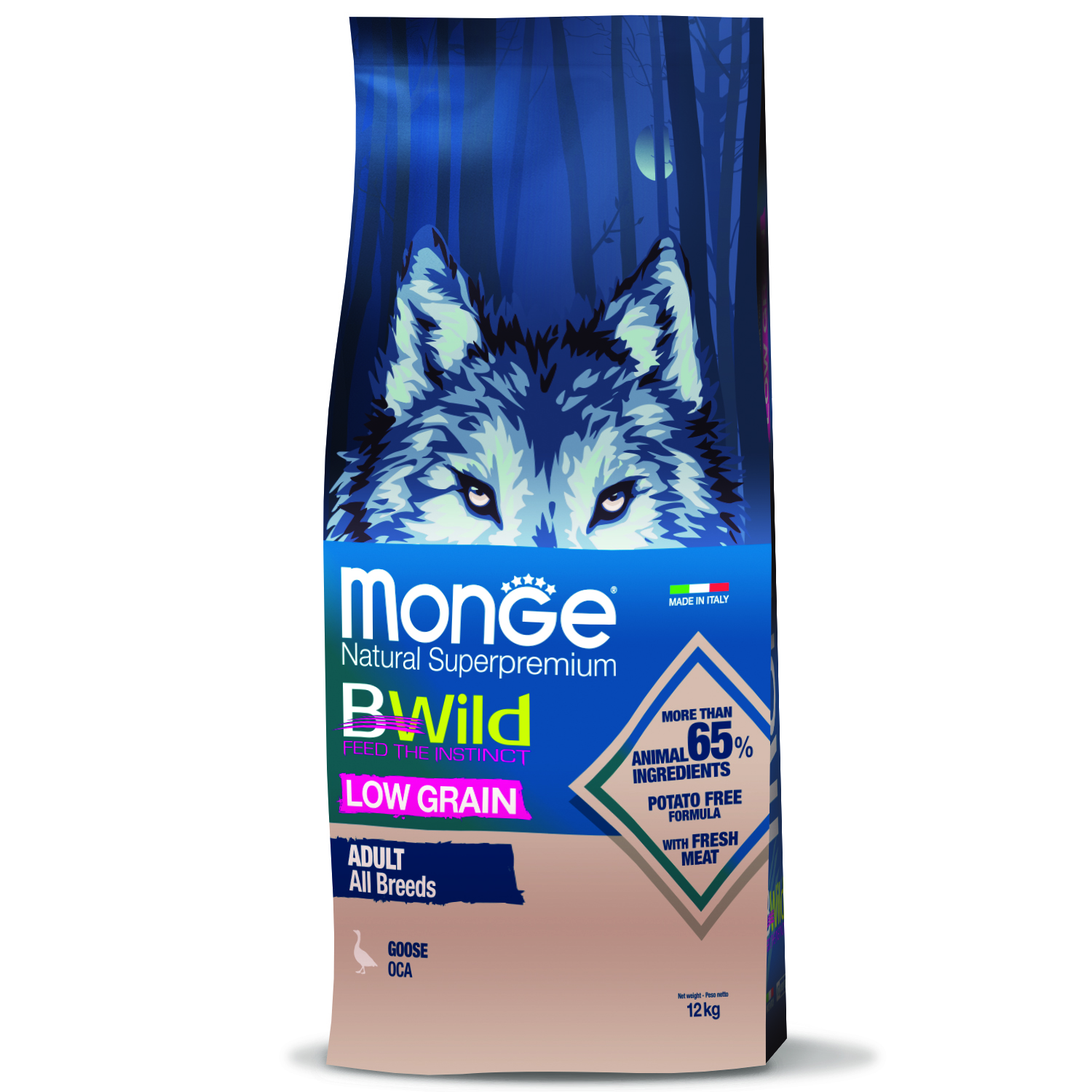 Monge BWild LOW GRAIN сухой для взрослых собак, из мяса гуся 12 кг фото, цены, купить