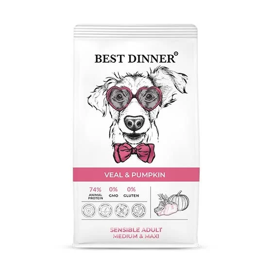 Best Dinner при аллергии и чувст. пищеварении телятина с тыквой для собак крупных пород 3кг фото, цены, купить