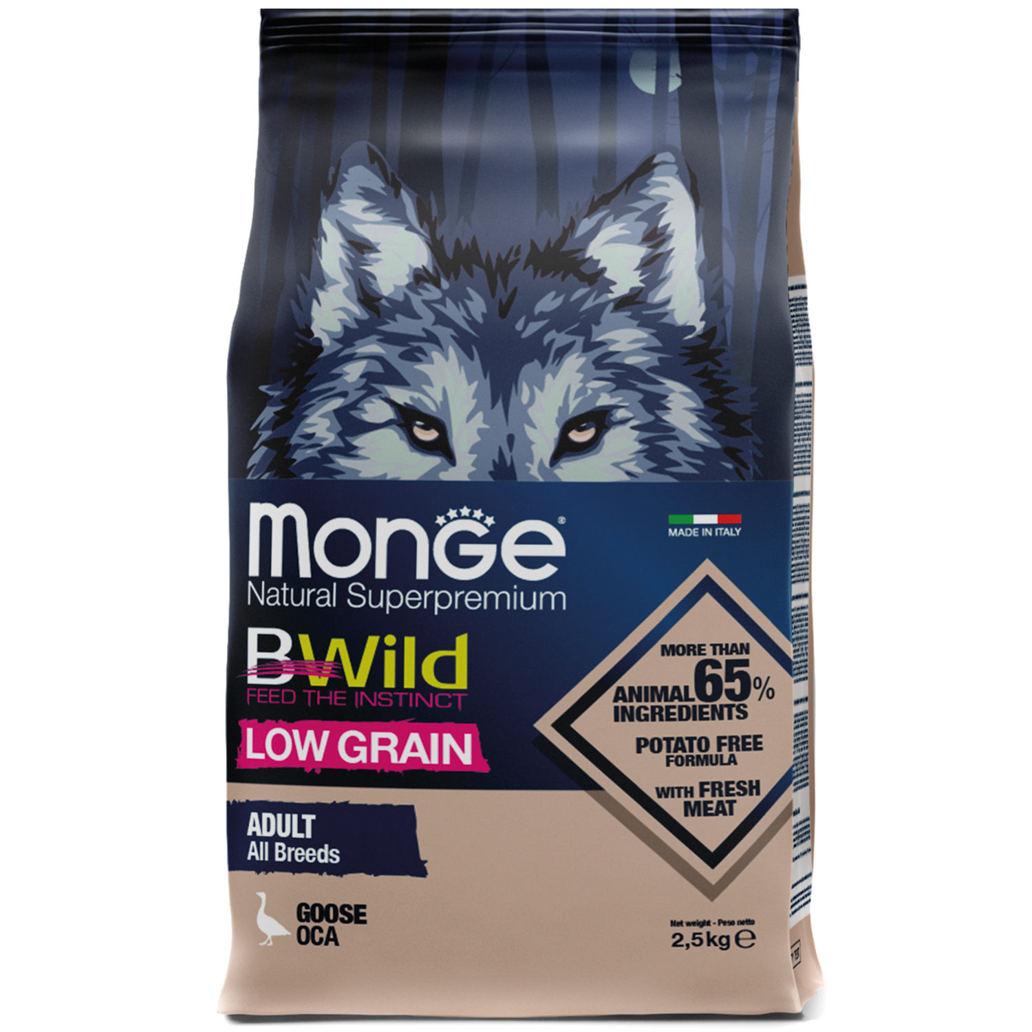 Monge BWild LOW GRAIN сухой для взрослых собак, из мяса гуся 2,5 кг фото, цены, купить