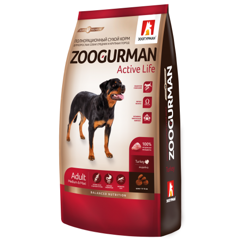 Zoogurman Active Life с индейкой для активных собак средних и крупных пород 12кг фото, цены, купить