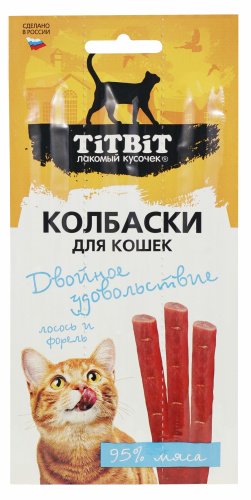 TiTBiT Колбаски Двойное удовольствие  с лососем и форелью 15 г для кошек фото, цены, купить