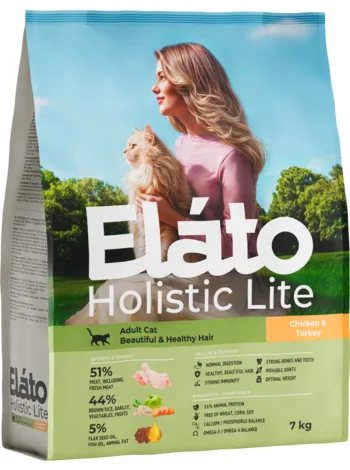 Elato Holistic Lite для кошек для здоровой шерсти с курицей и индейкой 7кг фото, цены, купить