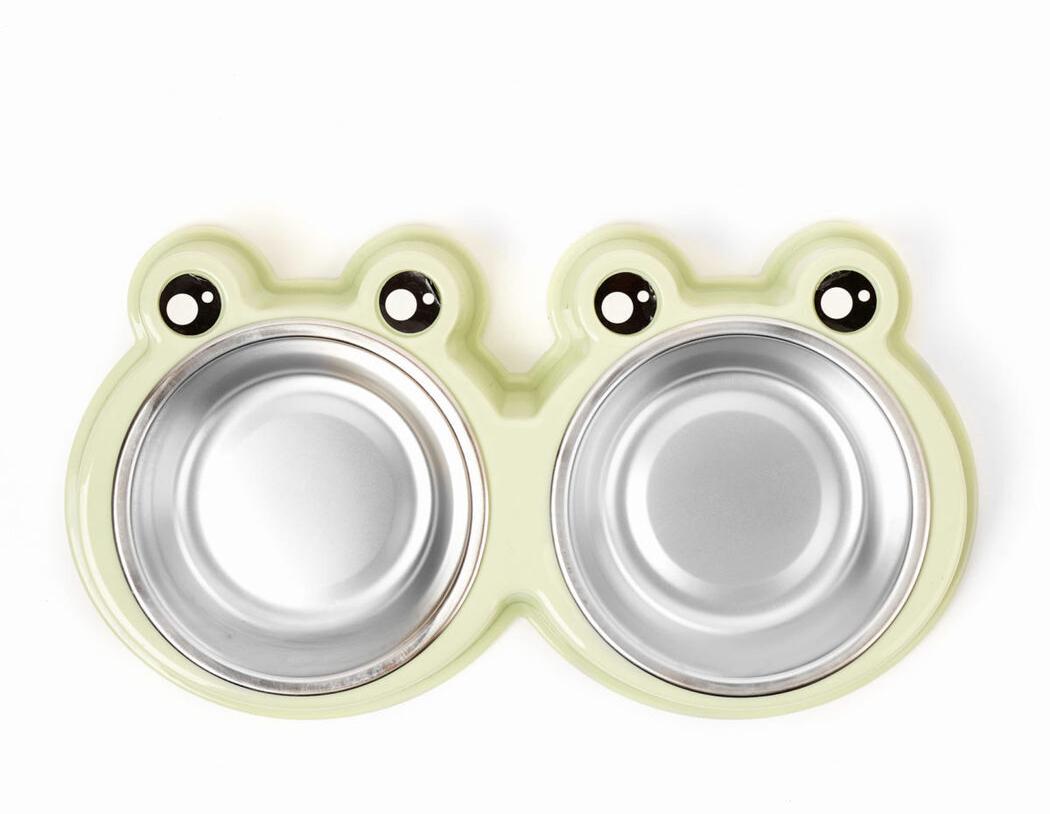 Подставка двойная с металлическими мисками "Лягушка" 2*150мл Зеленый фото, цены, купить