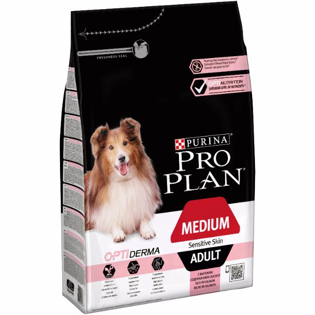 PRO PLAN Medium Skin с лососем для собак средних пород с чувствительной  кожей и шерстью фото, цены, купить