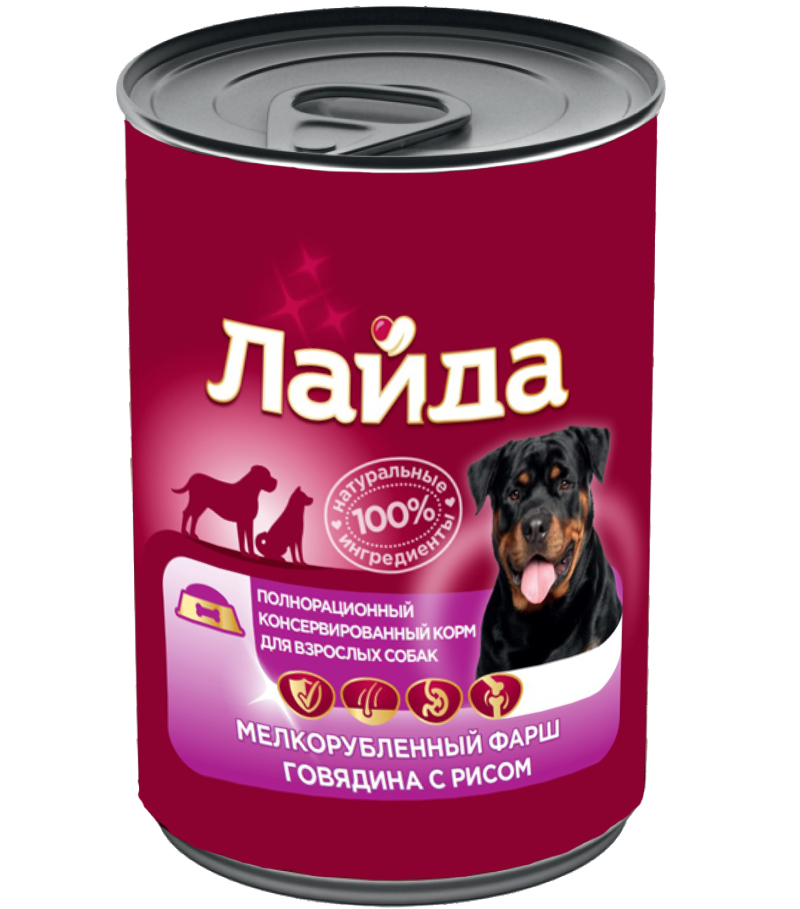 ЛАЙДА Мелкорубленый фарш говядины с рисом консервы 400г для собак фото, цены, купить