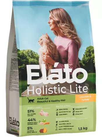 ELATO Holistic Lite для кошек для здоровой шерсти с курицей и индейкой 1,5кг фото, цены, купить