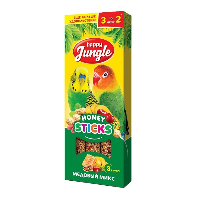 Happy Jungle лакомства для птиц Мёдовый Микс (3палочки) 90г фото, цены, купить