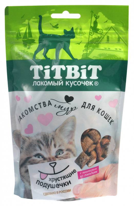 TiTBiT Хрустящие Подушечки с Паштетом из Говядины 100г для кошек фото, цены, купить
