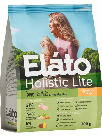 Elato Holistic Lite для кошек для здоровой шерсти с курицей и индейкой 300г фото, цены, купить