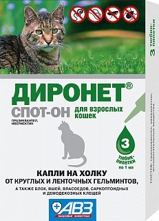 Диронет спот-он (3пип*1мл) капли на холку для кошек фото, цены, купить