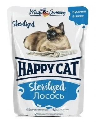 Happy Cat Паучи Желе Лосось кусочки для стерилизованных кошек 0,085 кг фото, цены, купить