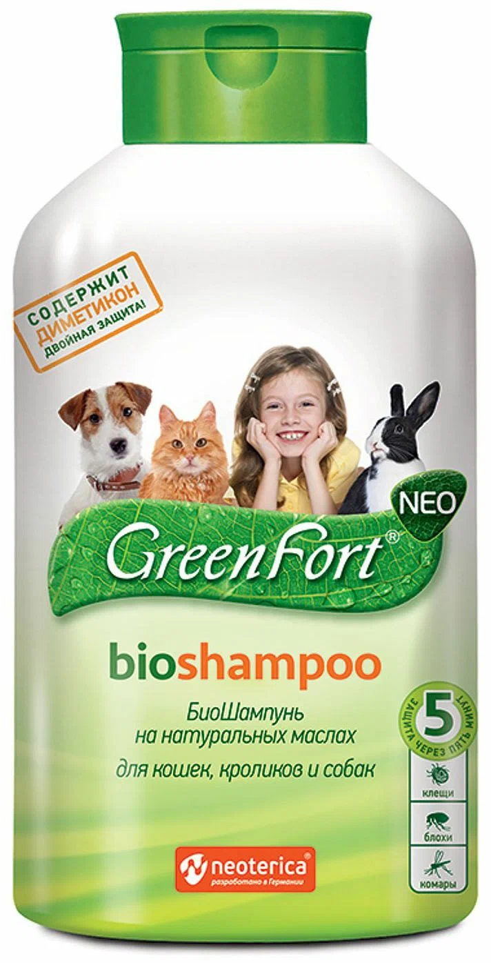 БиоШампунь от клещей и насекомых GreenFort NEO, для кошек, кроликов и собак, 380 мл фото, цены, купить