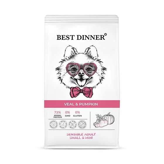 Best Dinner при аллергии и чувст.пищеварении телятина с тыковой для мелких пород собак 10кг фото, цены, купить