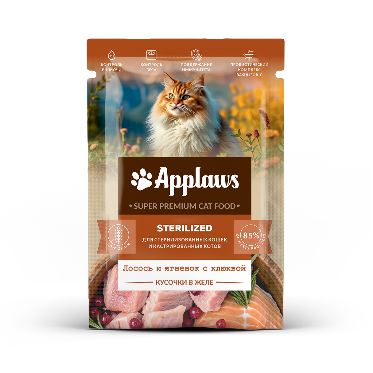 Пауч Applaws Sterilized Лосось,ягнёнок,клюква в желе для кошек 85г фото, цены, купить