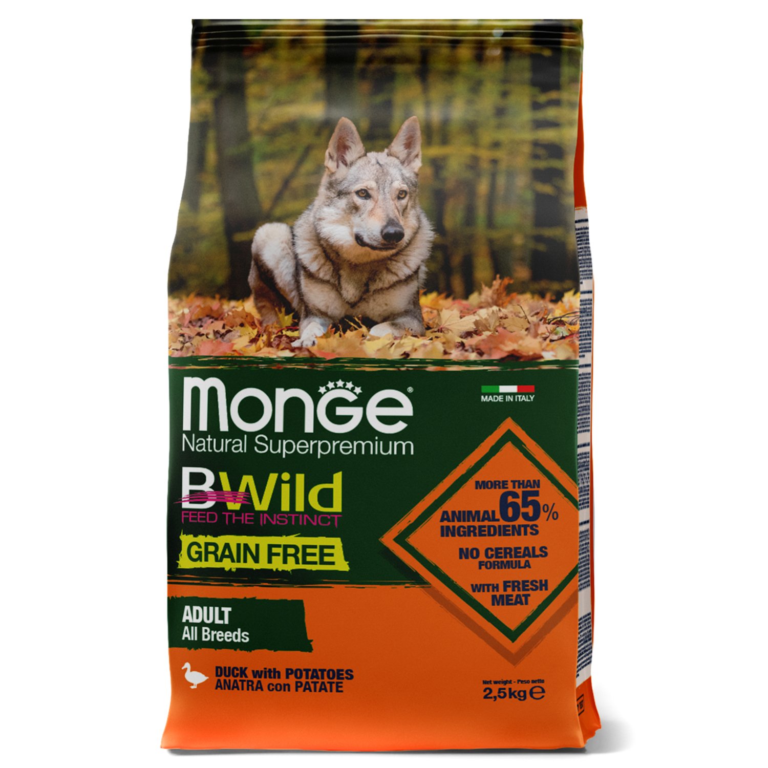 Monge BWild GRAIN FREE сухой для взрослых собак, Утка/Картофель2,5 кг фото, цены, купить