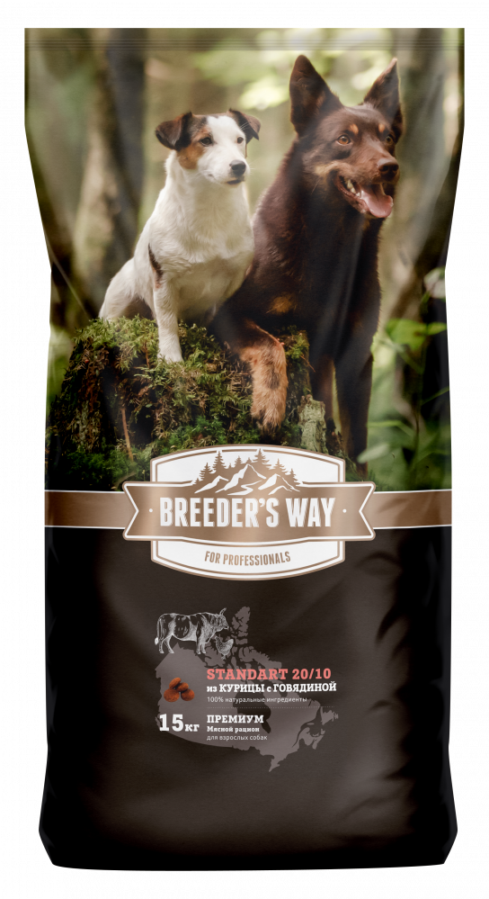 Breeder's Way Standart Полнорационный корм с курицей и говядиной для собак 15кг фото, цены, купить