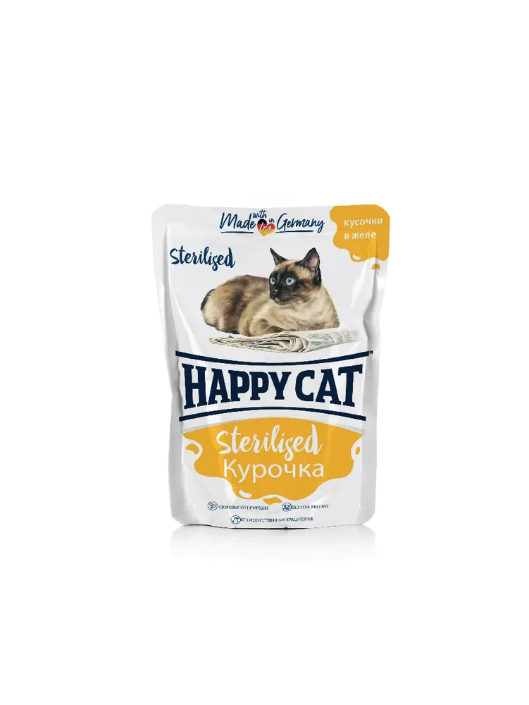 Happy Cat Паучи Желе курочка кусочки для стерилизованных кошек 100г фото, цены, купить