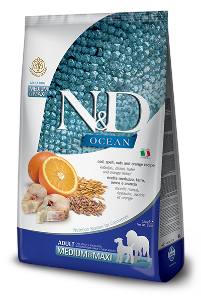 Farmina N&D OCEAN с треской, спельтой, апельсином  для собак крупных и средних пород 2,5кг фото, цены, купить