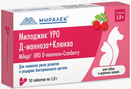 Милоджик УРО Д-манноза+клюква 1г 30табл д/собак и крупных кошек фото, цены, купить