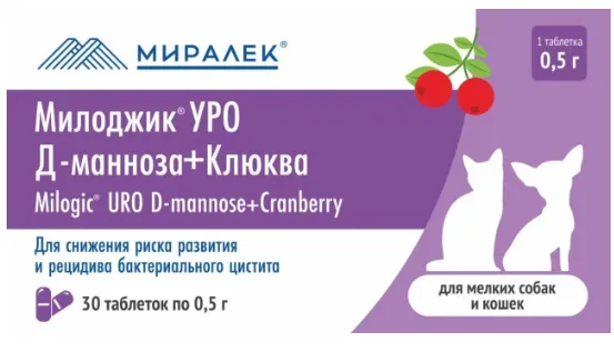 Милоджик УРО Д-манноза+клюква 0,5г 30табл д/мелких собак и кошек фото, цены, купить