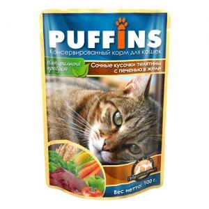 Puffins пауч 100гр кусочки телятины и печени в желе для кошек  фото, цены, купить