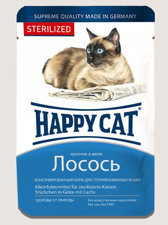 Happy Cat Паучи 100г кусочки лосося в желе  для стерилизованных кошек фото, цены, купить