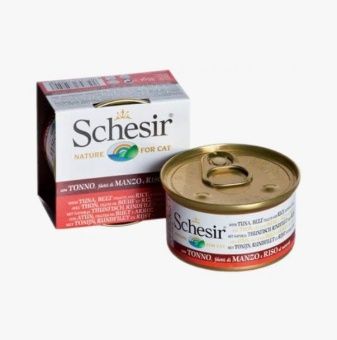 SCHESIR консервы 85г кусочки тунца,говядины и рис для кошек фото, цены, купить