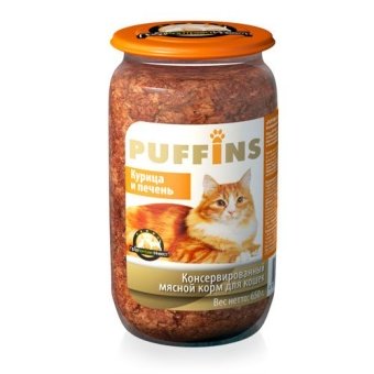 Puffins консервы стеклянная банка 650гр паштет из курицы,печени для кошек фото, цены, купить