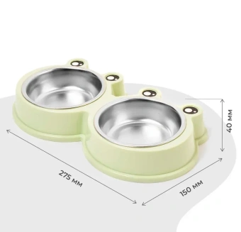 Подставка двойная с металлическими мисками "Лягушка" 2*150мл Зеленый фото, цены, купить