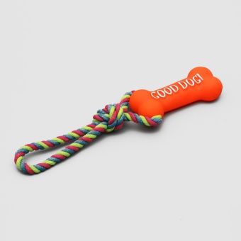 Игрушка резиновая "Кость" (14 см) с ручкой из каната для собак, до 37 см, микс цветов фото, цены, купить