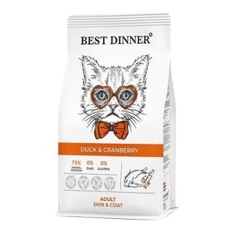 Best Dinner Adult Cat Duck & Cranberry с уткой и клюквой для уходаза кожей  и шерстью кошек 10 кг фото, цены, купить