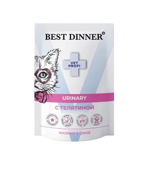 Best Dinner Exclusive Vet Profi Urinary кусочки в соусе с телятиной для взрослых кошек при МКБ 85г фото, цены, купить