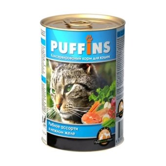 Puffins консервы кусочки рыбного ассорти в желе для кошек 415г фото, цены, купить