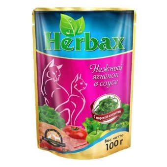 Herbax пауч 100г кусочки ягненка с морской капустой в соусе для кошек фото Herbax пауч 100г кусочки ягненка с морской капустой в соусе для кошек фото, цены, купить