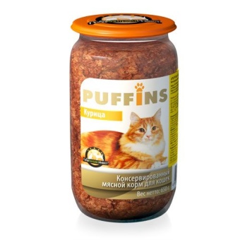 Puffins консервы стеклянная банка 650гр паштет из курицы для кошек фото, цены, купить