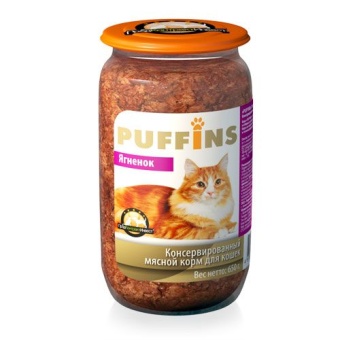 Puffins консервы стеклянная банка 650гр паштет из ягненка для кошек фото, цены, купить
