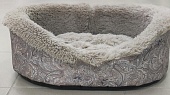 Лежак овальный №3 коричневый  мех, ткань с узором "огурец" фото, цены, купить