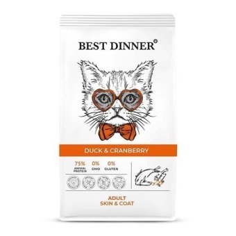 Best Dinner Adult Cat Duck & Cranberry с уткой и клюквой для ухода за кожей и шерстью  кошек1,5 кг фото, цены, купить