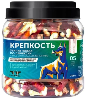 Лакомства Green Qzin КРЕПКОСТЬ Кальциевая косточка с уткой 750г (банка) фото, цены, купить
