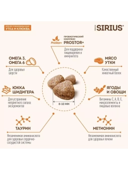 SIRIUS для взрослых кастрированных и стерилизованных кошек с уткой и клюквой 10кг фото, цены, купить