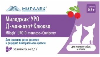 Милоджик УРО Д-манноза+клюква 0,5г 30табл д/мелких собак и кошек фото, цены, купить