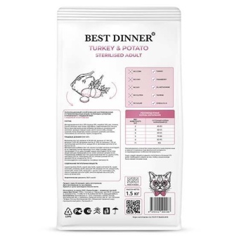 Best Dinner Sterilised Adult Turkey & Potato с индейкой и картофелем для кошек 10 кг фото, цены, купить
