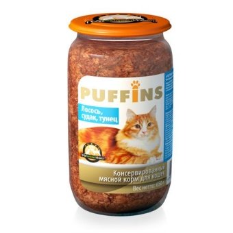 Puffins консервы ст/б  650гр паштет из лосося,судака,тунца для кошек фото, цены, купить