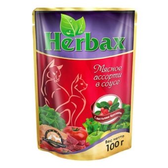 Herbax пауч 100г кусочки мясного ассорти с листьями брусники в соусе для кошек фото, цены, купить