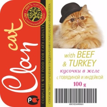 Clan cat консервы 100г кусочки говядины,индейки в желе для кошек фото, цены, купить