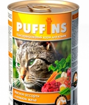 Puffins консервы кусочки мясного ассорти для кошек в желе 415г фото, цены, купить