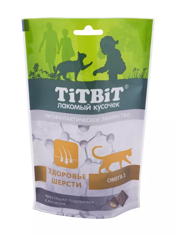 TiTBiT Хрустящие Подушечки для кошек с лососем для здоровья шерсти 60г  фото, цены, купить