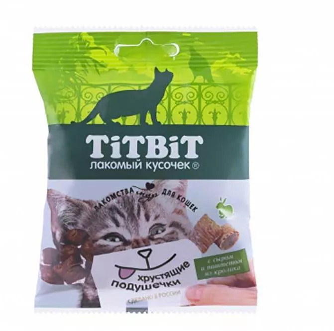 TiTBiT Хрустящие подушечки для кошек с сыром и паштетом из кролика 30г фото, цены, купить
